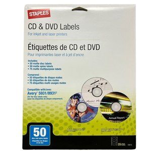 New Staples Laser Inkjet CD DVD Labels White 50 Pack Compatible Avery 5931 8931